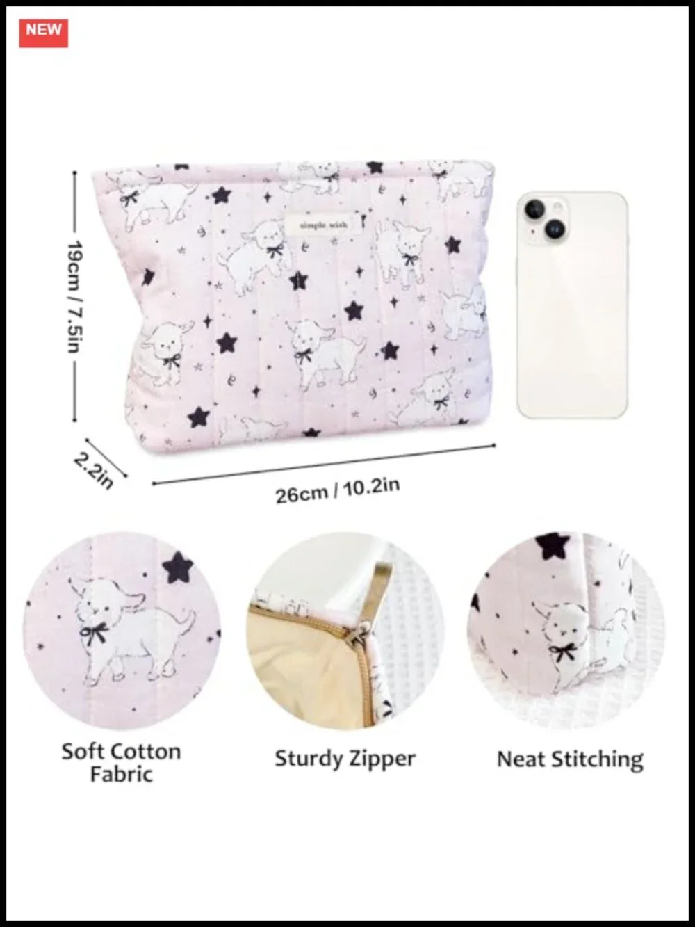 Quilted Canvas Makeup Bag Cosmetic Pouch with Zipper Large Capacity Travel